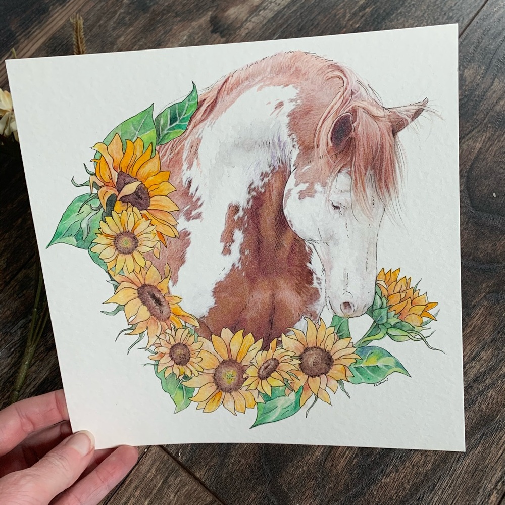 Original watercolor horse painting sunflowers 8x8”